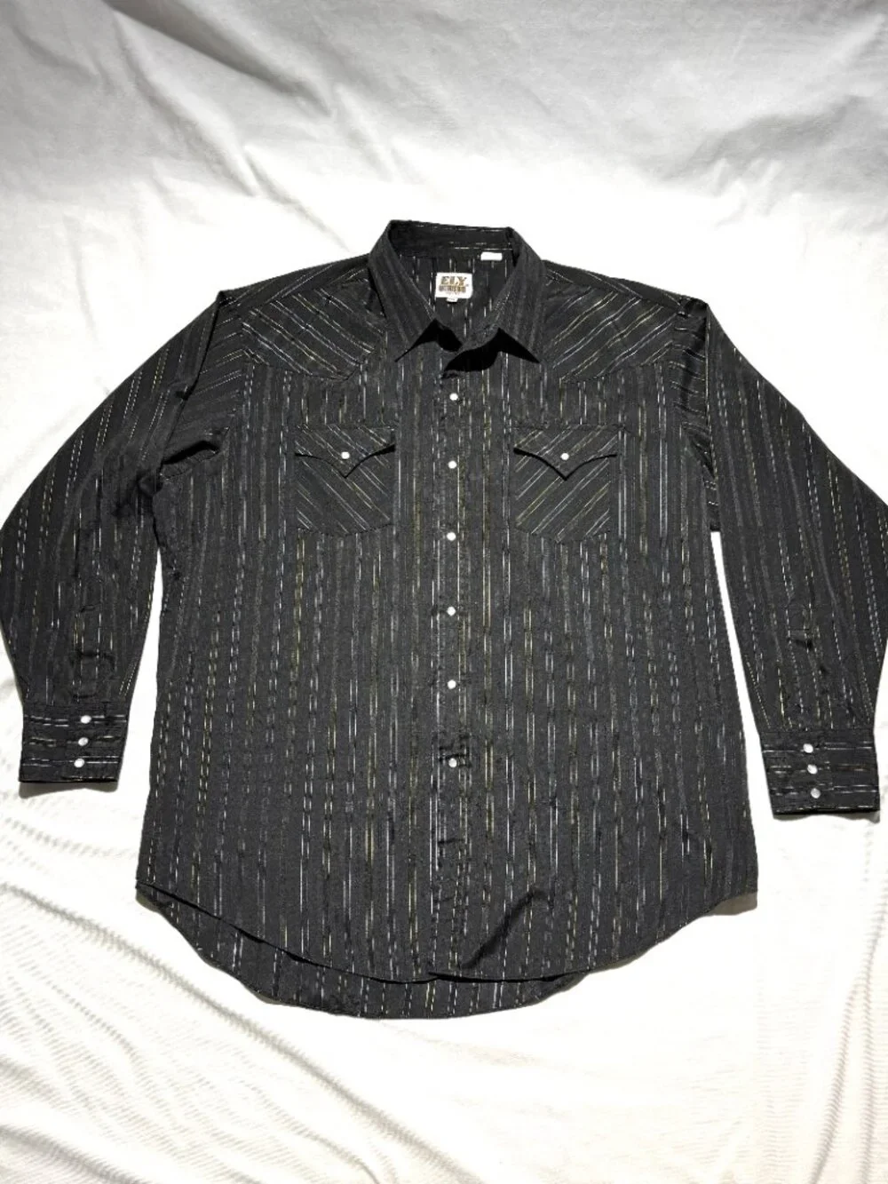 Ely Cattleman Mens Shirt XXL Black/ Metallic Stripes Pearl Snap Western Dress - Picture 2 of 7